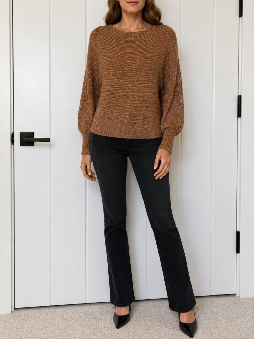 Dokotoo Brown Lantern Sleeve Drop Shoulder Knit Sweater Size Small
